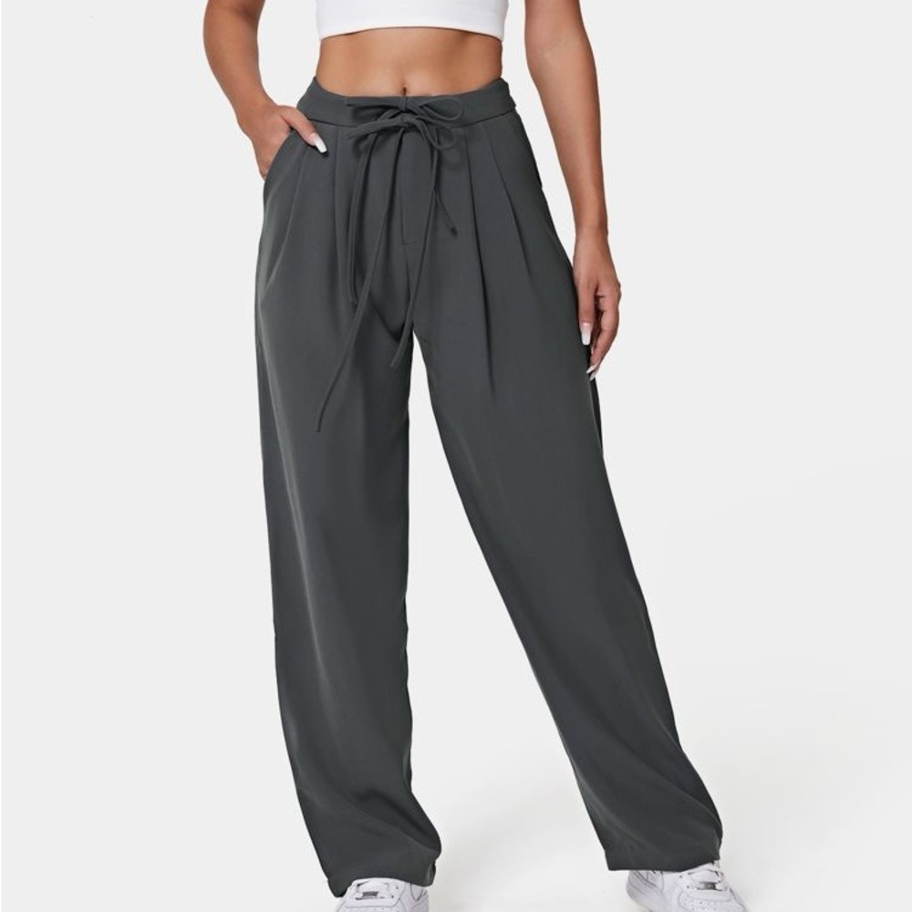 Halara High Waisted Drawstring Zipper Side Pocket Plain Wide Leg Pants Sz L Gray